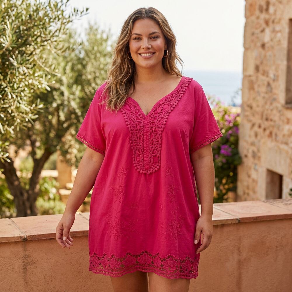 Motto Crochet V Neck Tunic Top Womens 3X Pink Boho Peasant Plus Size Festival